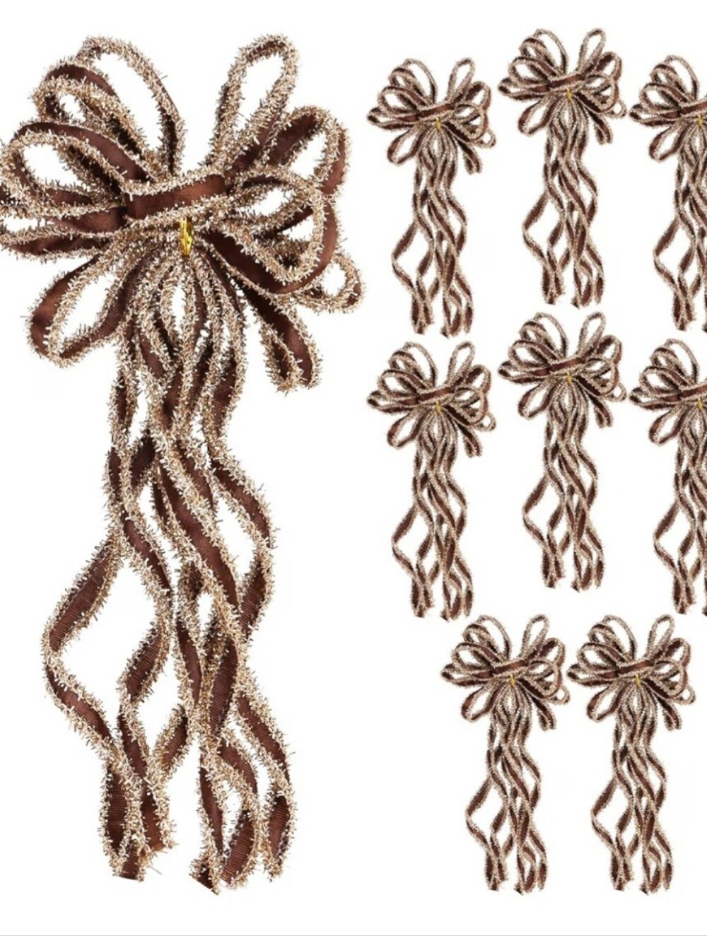 Brown Velvet Ribbon Bows with Gold Tinsel Trim. Set of 8. NWT.